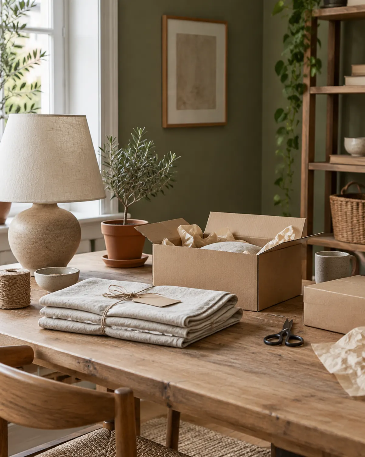 Quiet work table with ceramic and linen