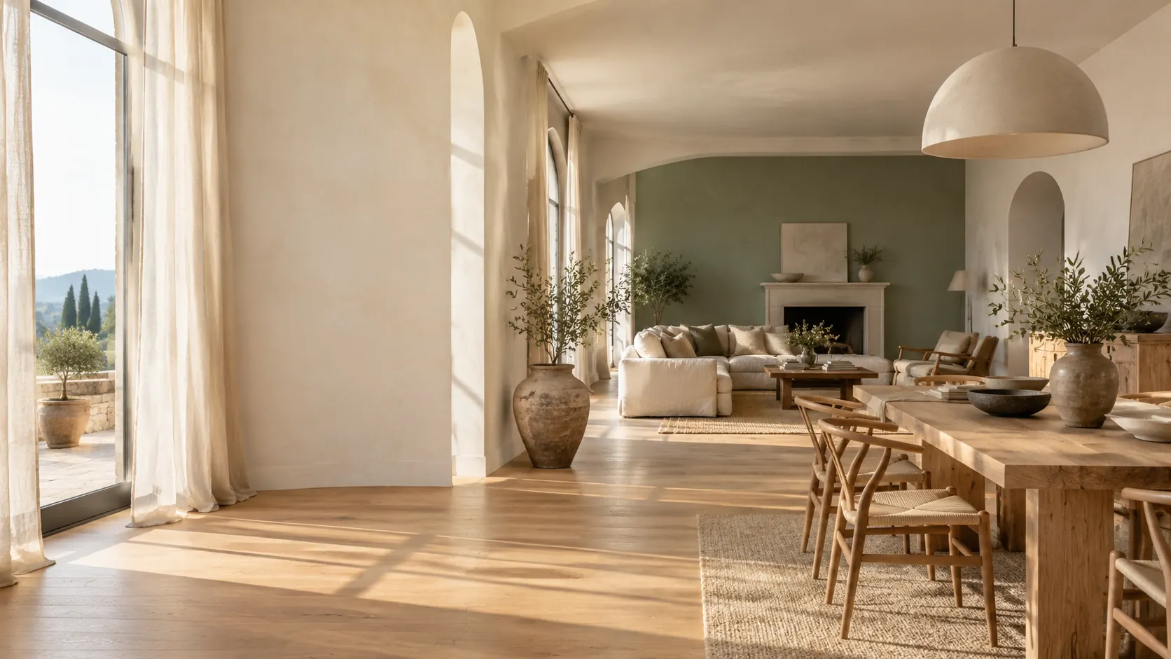 A wide living and dining room in morning light