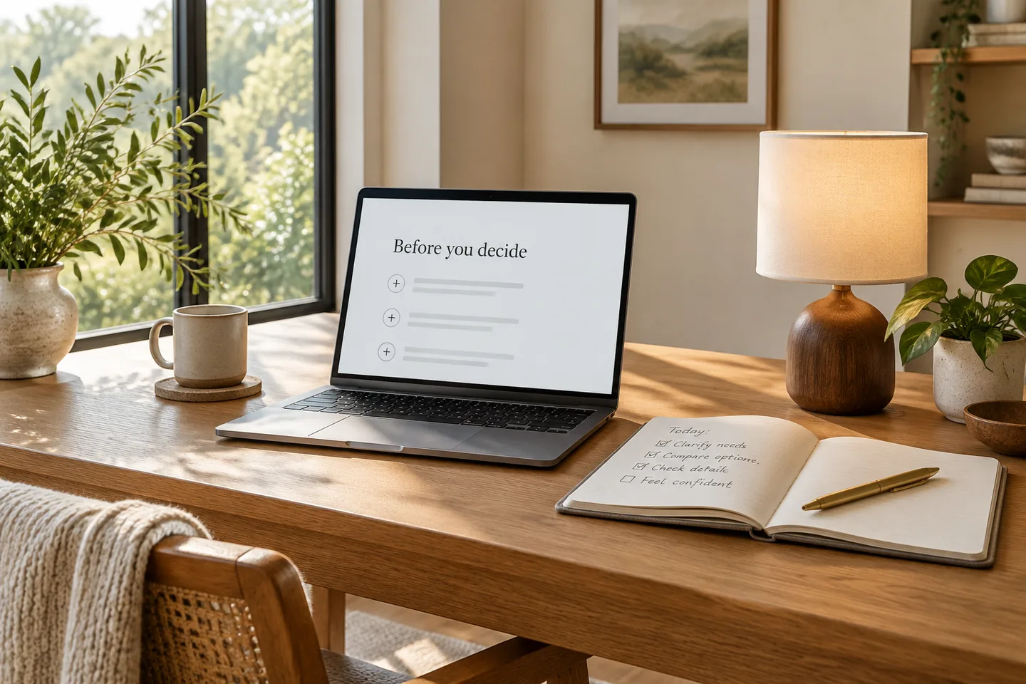 Een bureau met lamp, notitieboek en een pagina met de titel Voordat je beslist