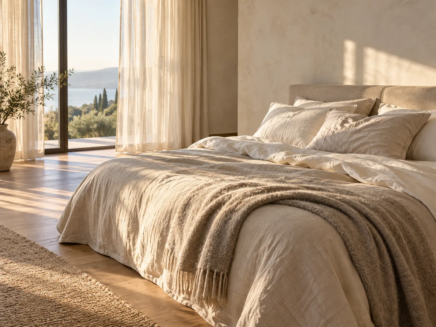 Linen bedding turned down in warm daylight