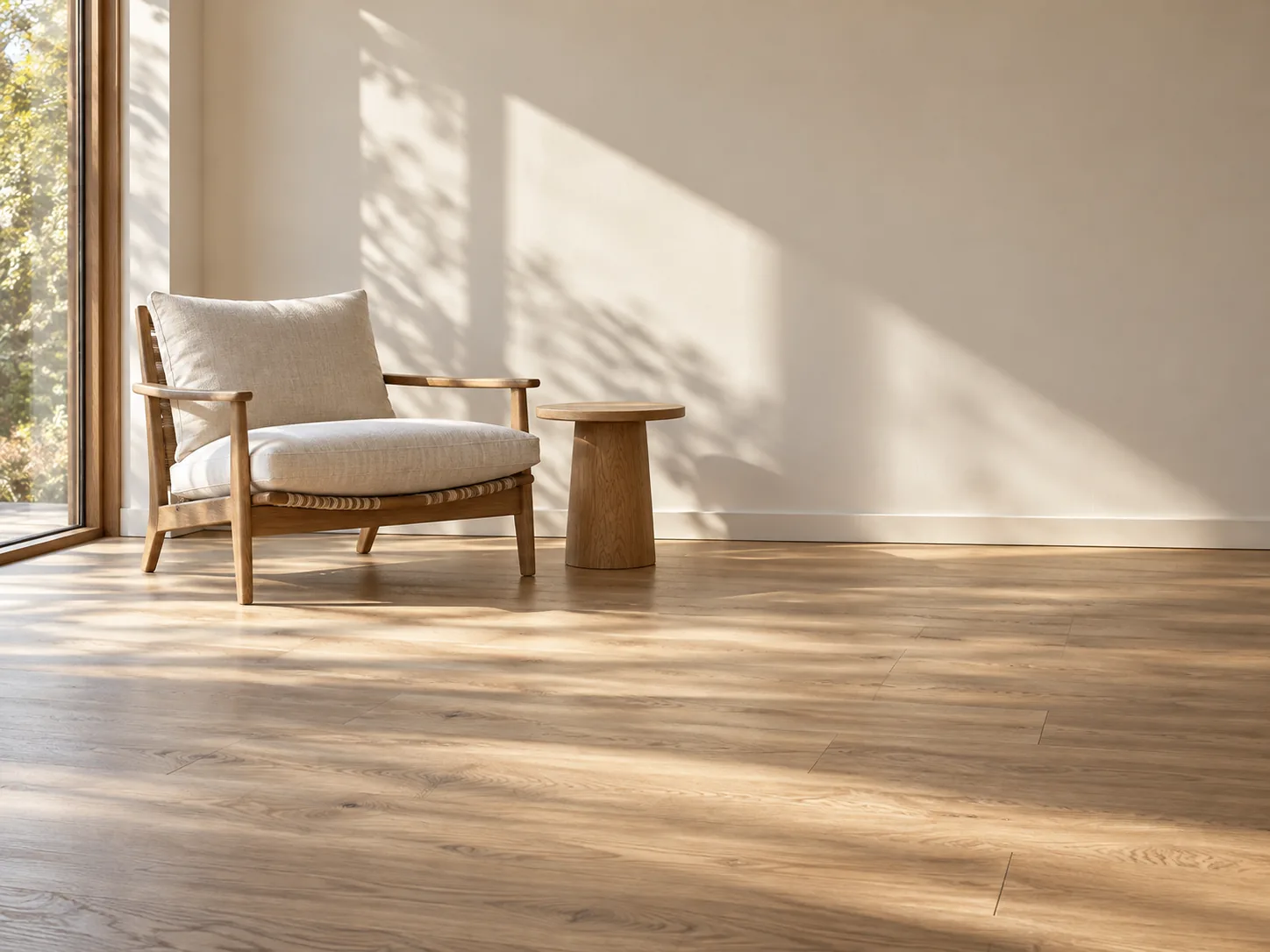 A linen chair and side table in daylight