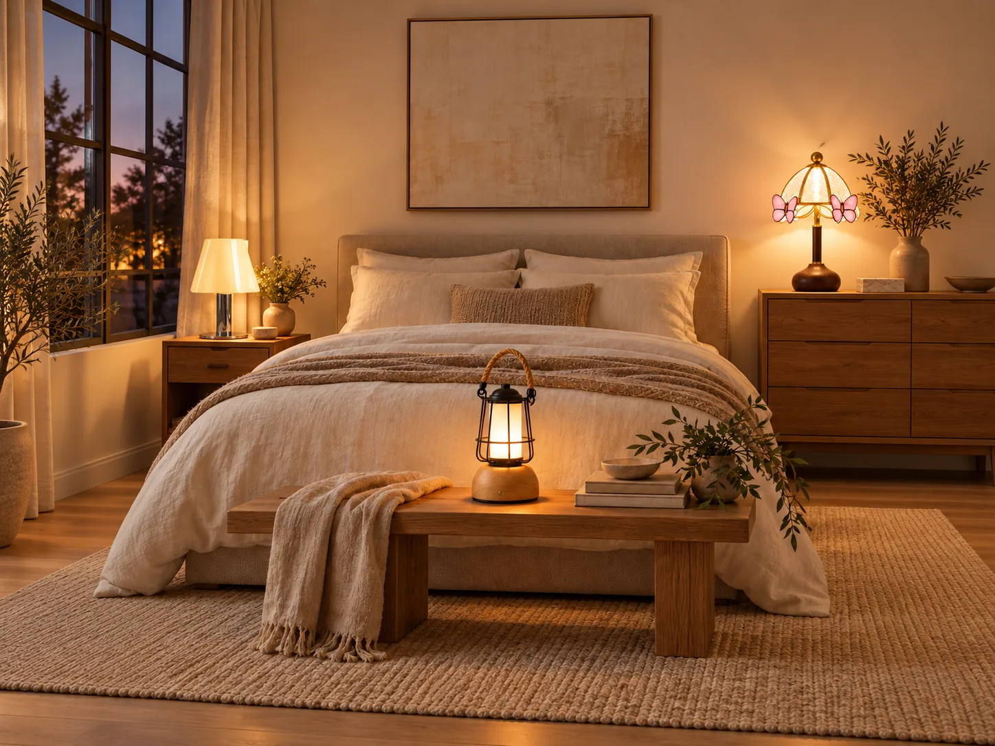 Mushroom, lantern and butterfly lamps beside a bed
