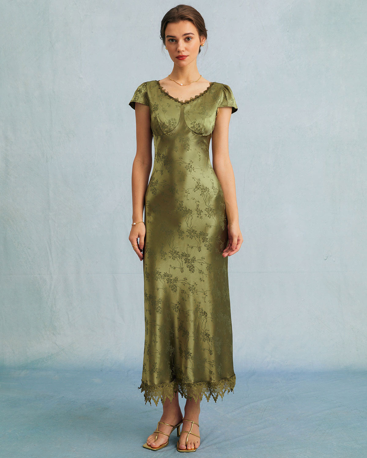the green jacquard cap sleeve satin midi dress the green jacquard cap sleeve satin midi dress Army Green Jacquard Satin A-Line Mother of