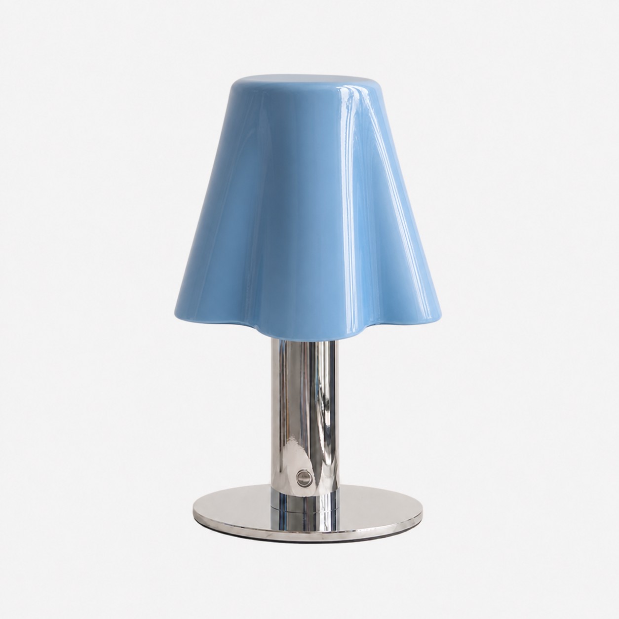 Blue mushroom table lamp with glossy wavy glass shade and chrome metal base