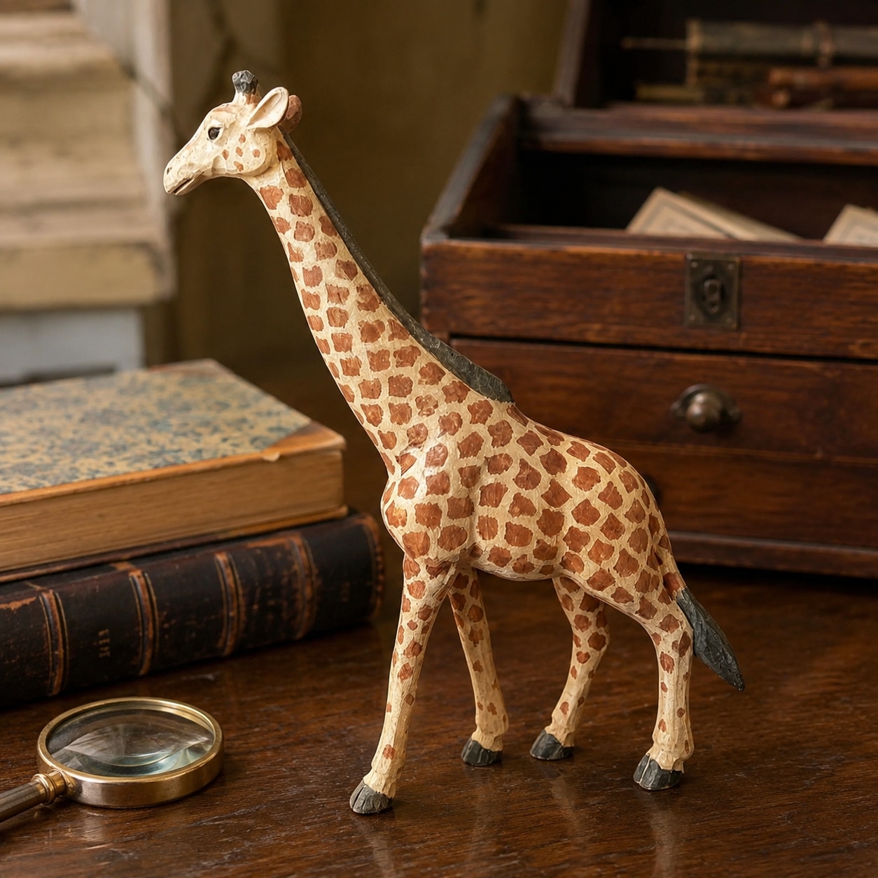 Figura de jirafa de madera colocada sobre un escritorio antiguo.