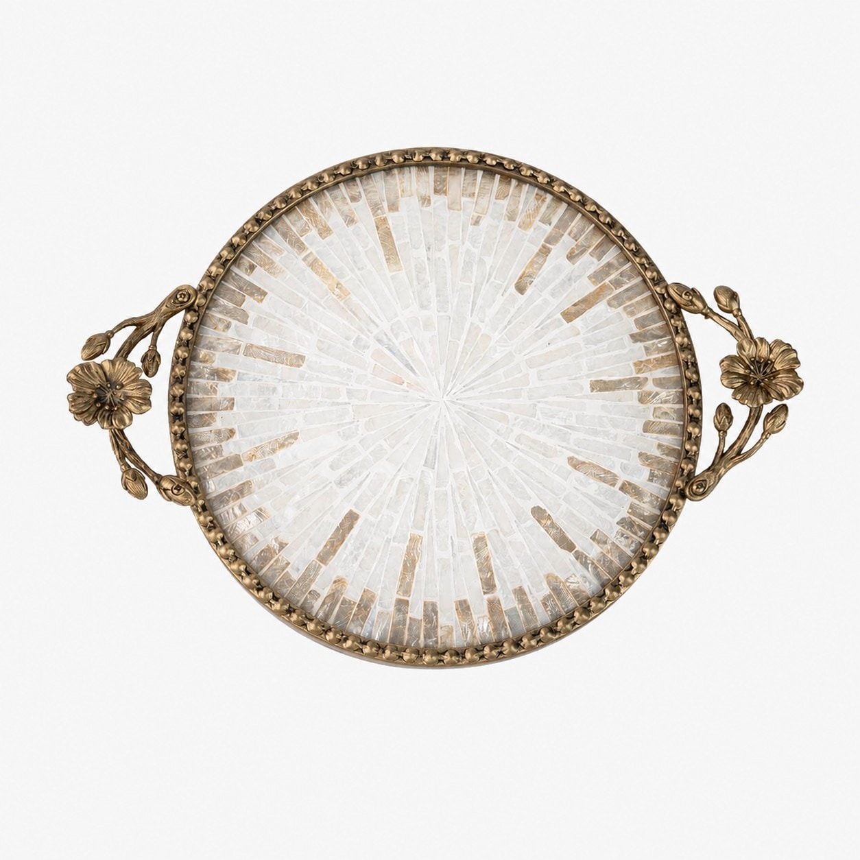 Style C round shell inlay decorative tray with radial inlay and antique brass handles