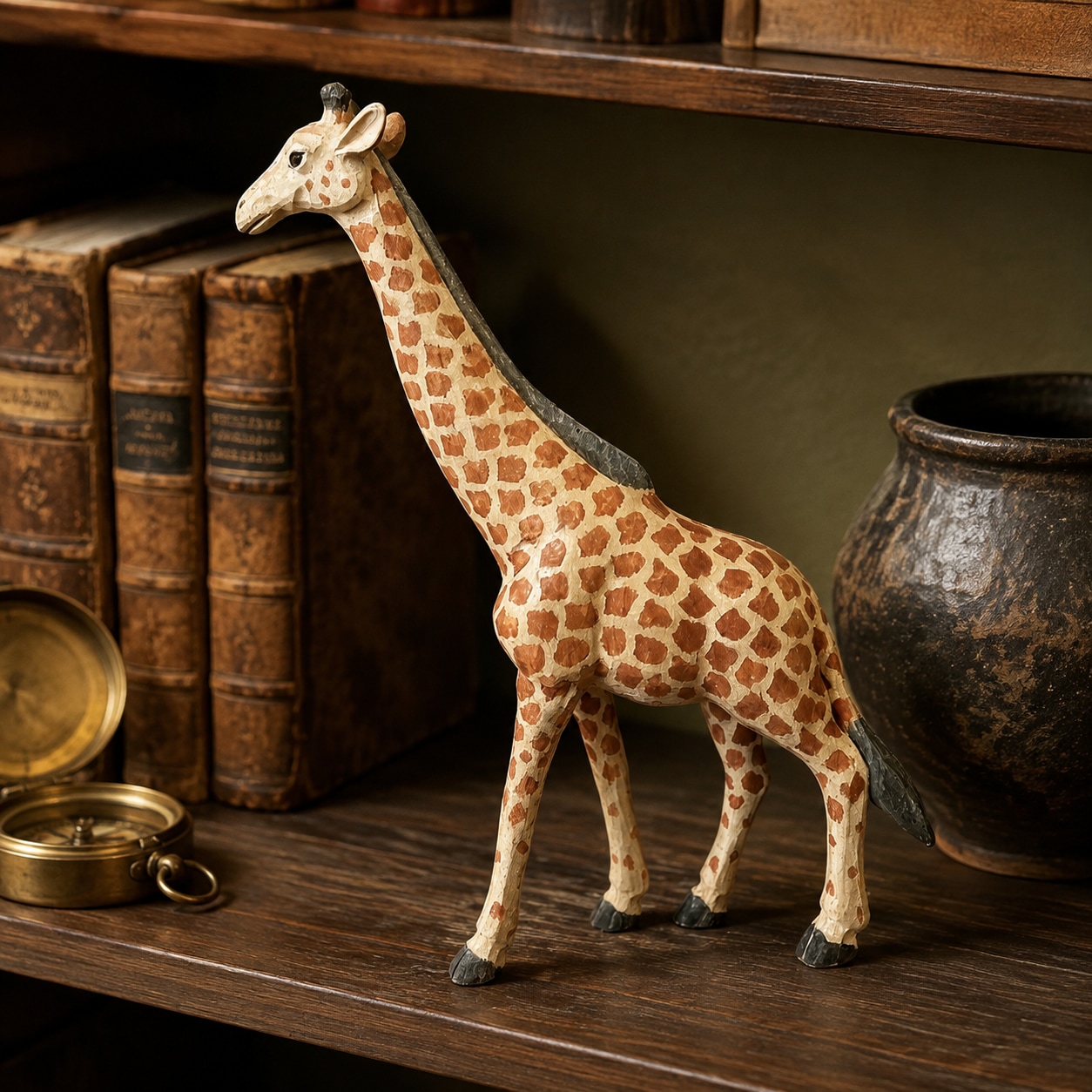 Figura de jirafa expuesta en una estantería antigua.