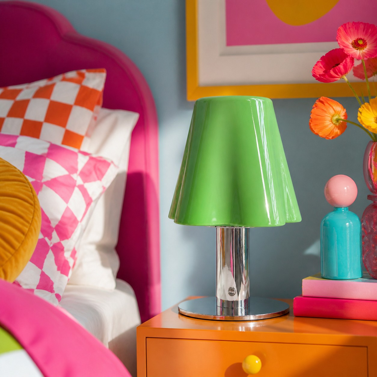 Green mushroom table lamp on an orange bedside table in a bright colorful bedroom
