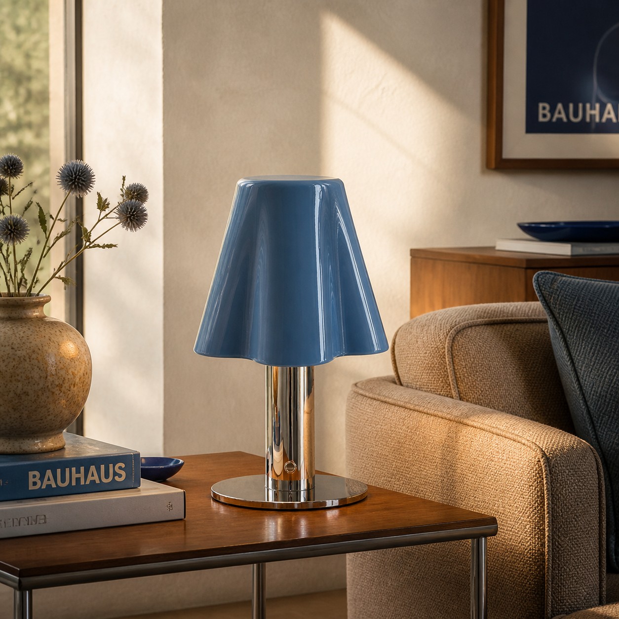 Blue mushroom table lamp on a side table in a living room with wood and blue accents