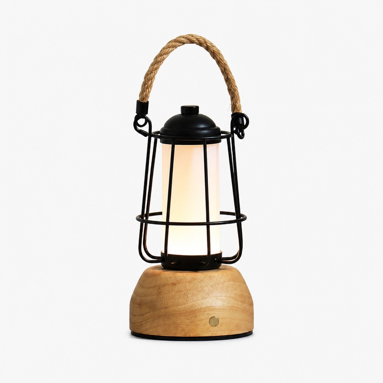 Lámpara de mesa portátil tipo farol con asa de cuerda y base de madera iluminada