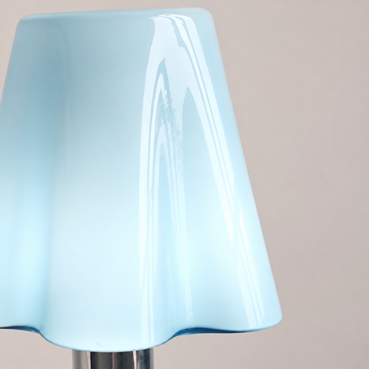 Close view of the glossy blue wavy glass shade