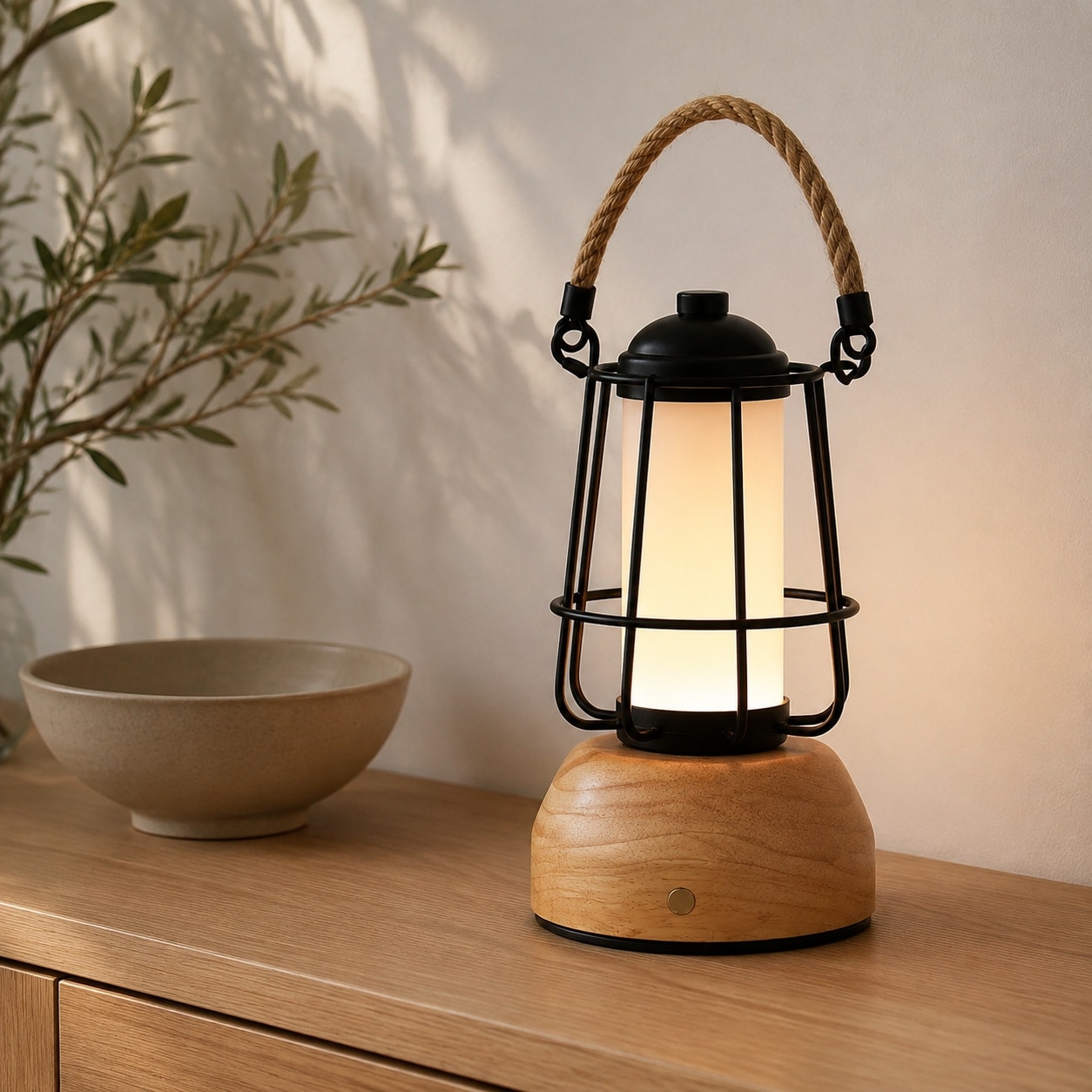Portable lantern table lamp glowing on a wooden console