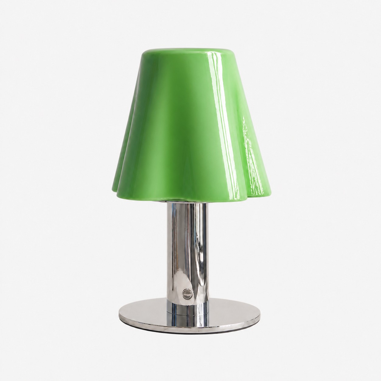 Green mushroom table lamp with glossy wavy glass shade and chrome metal base