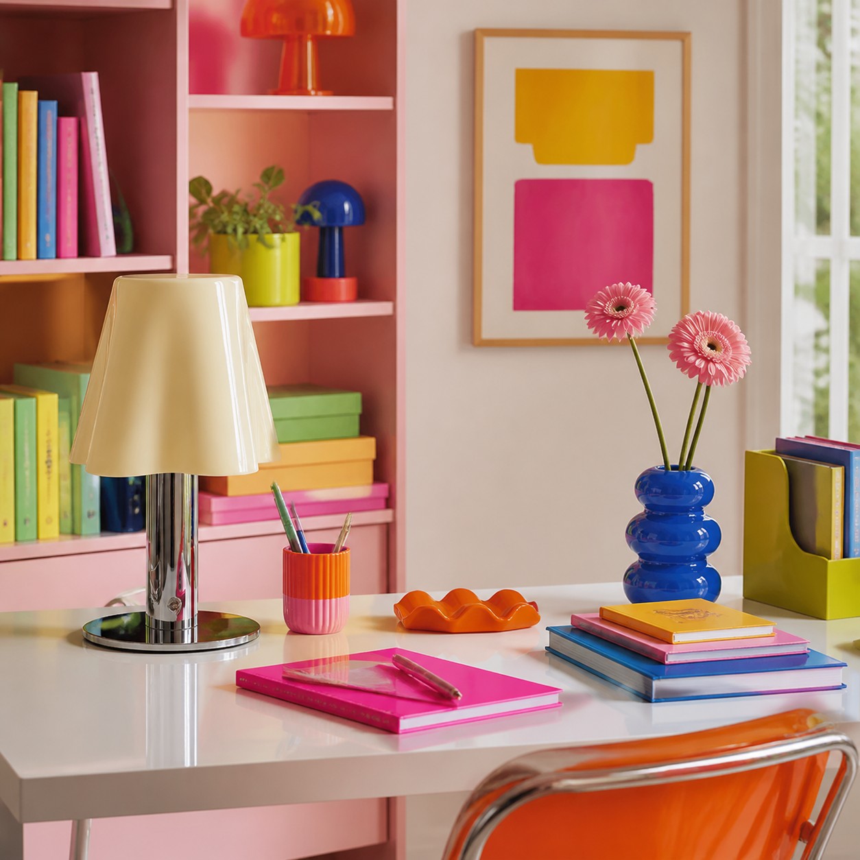 Cream mushroom table lamp on a colorful desk with books and bright decor