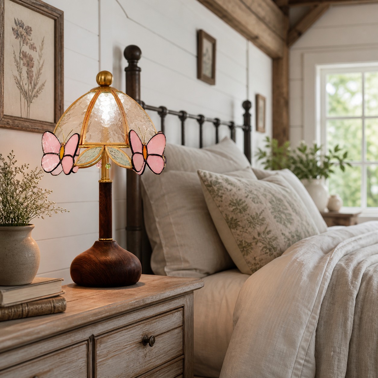 Butterfly stained glass table lamp on a bedside table in a farmhouse bedroom