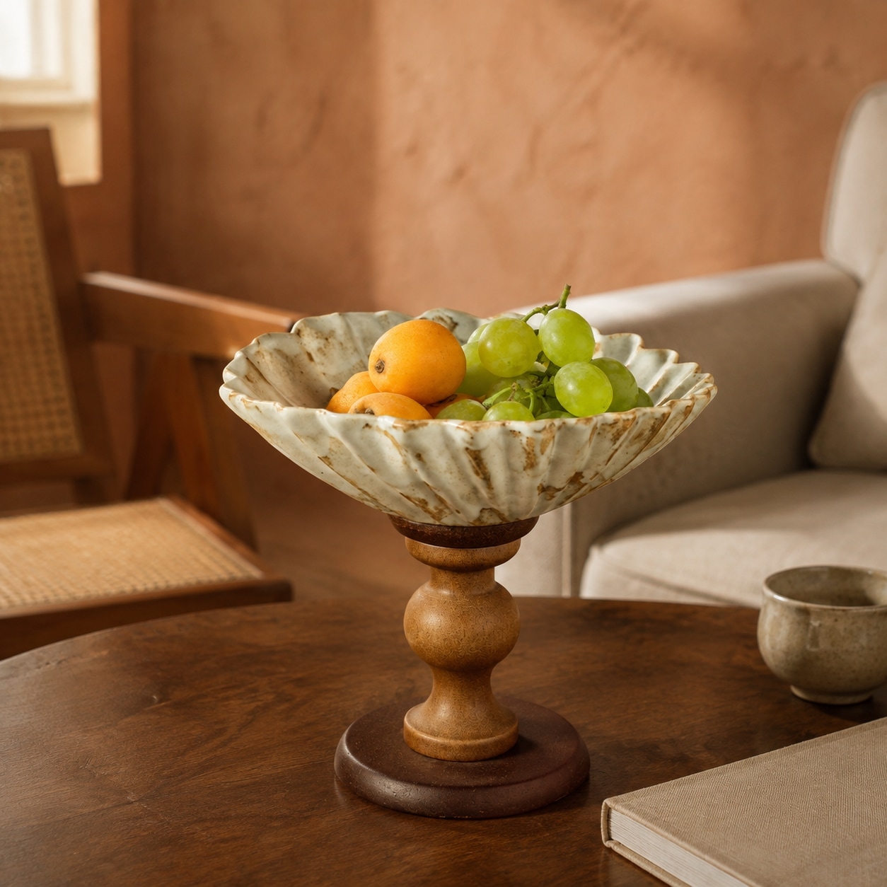 Bol de cerámica con pedestal y fruta sobre una mesa de madera