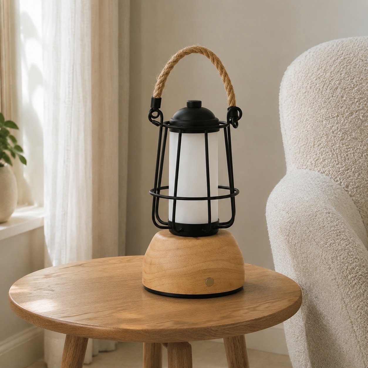 Portable lantern table lamp on a round side table by an armchair