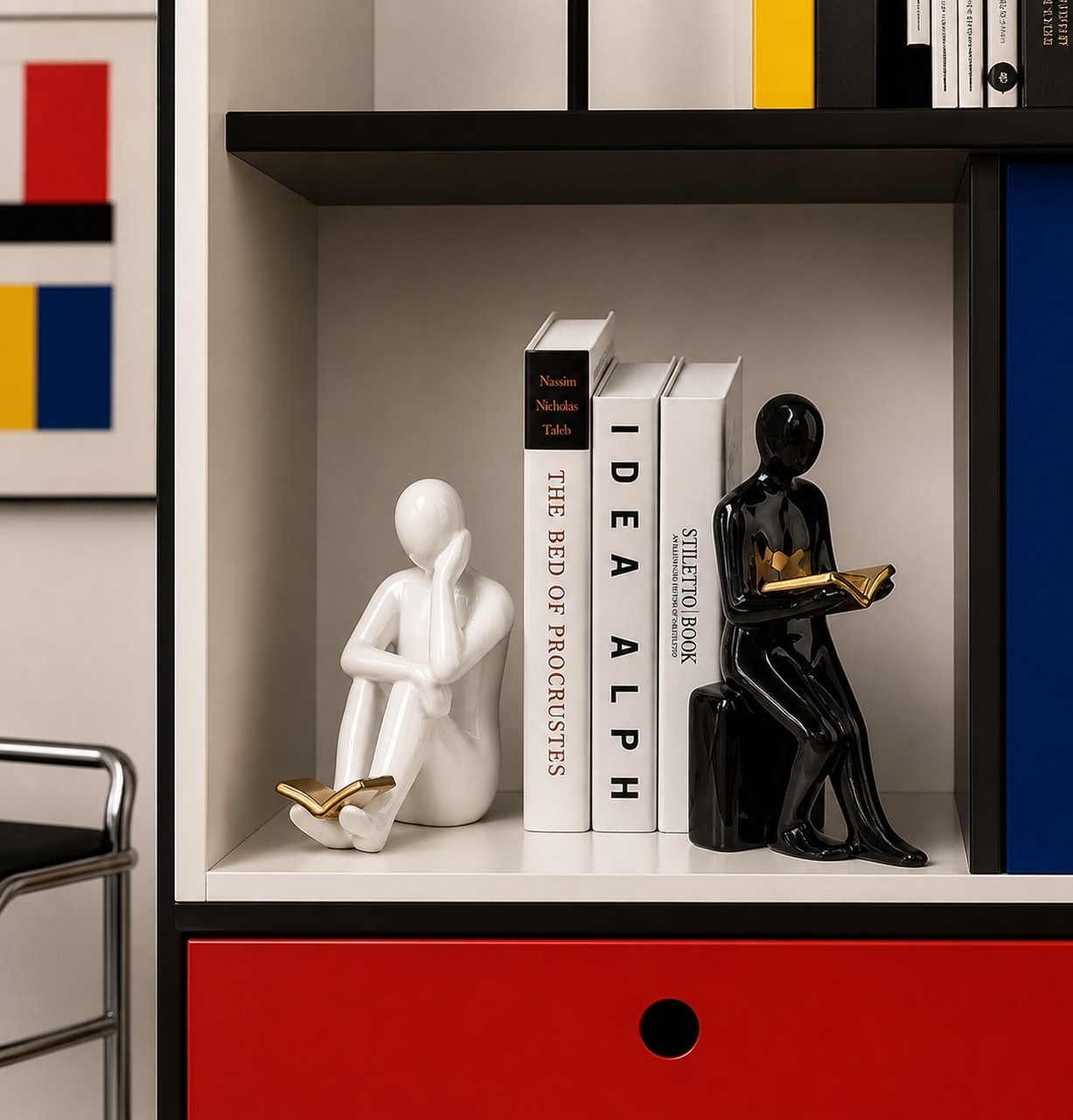 Ceramic reading figure bookends styled on a modern colorful shelf